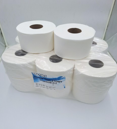 Papier toaletowy JUMBO100mX12sztuk BIAŁY 100% celuloza BEZPYŁOWY