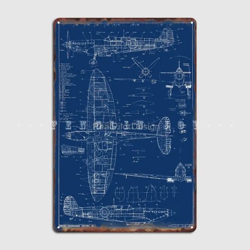 Plakat blaszany Supermarine Spitfire Blueprin