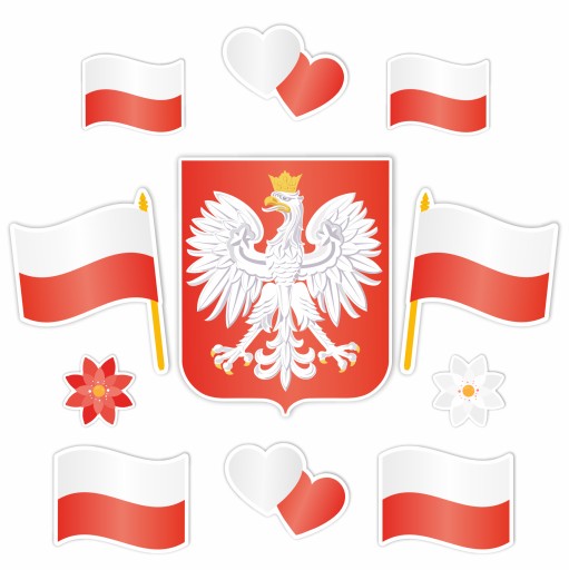 Dekoracja Patriotyczna - POLSKA - Święta Patriotyczne GODŁO, flagi 11 szt.