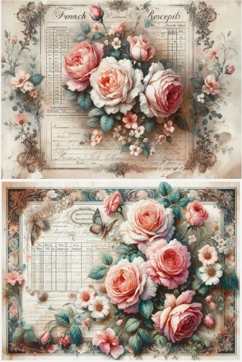 Papier ryżowy A4 Artando Kwiaty kwiatki róże Vintage napisy
