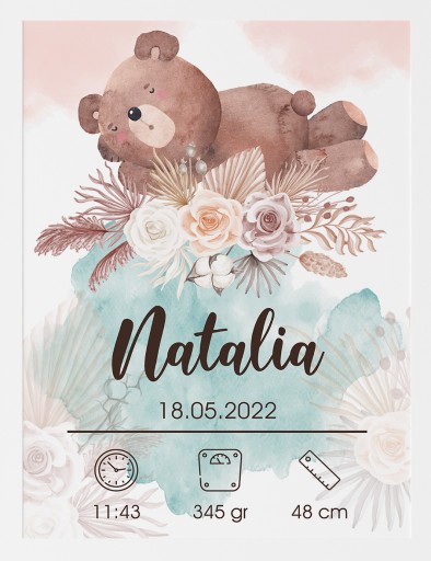 Plakat Metryczka urodzinowa A4 dla dziecka RAMKA