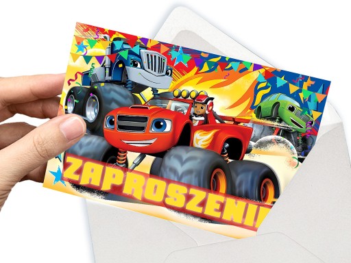 ZAPROSZENIA DLA DZIECI BLAZE I MEGA MASZYNY NA URODZINY DZIECKA + KOPERTY