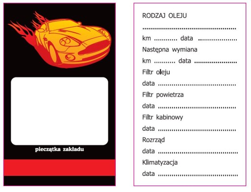 100x ZAWIESZKI SERWISOWE karty wymiany oleju