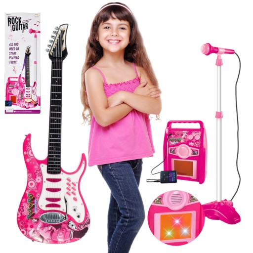 Gitara elektryczna ze wzmacniaczem i mikrofonem na statywie dla dzieci