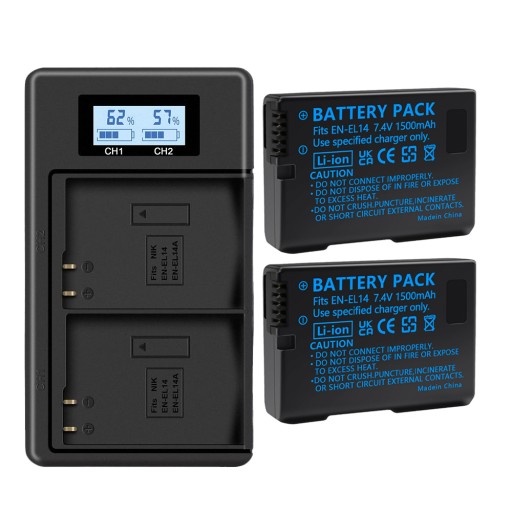 2 szt. 1500 mAh EN-EL14 bateria + ładowarka do aparatu Nikon DF D3200 D3300 D3400 D3500