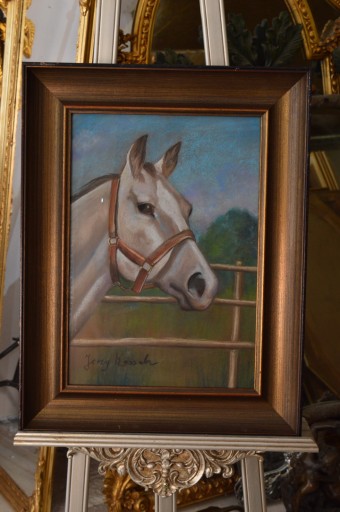 GŁOWA KONIA - PASTEL ZA SZKŁEM - STARY OBRAZ
