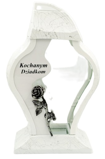 PIĘKNY Znicz Faraon NAPIS Kochanym Dziadkom BIAŁY SREBRNA RÓŻA WSTAWKA 34cm