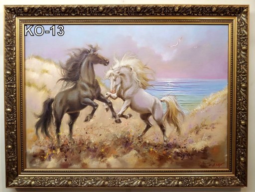 KONIE 80X60 CM OBRAZ W ZŁOTEJ RAMIE