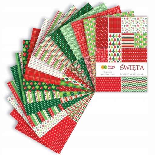 BLOK A4 Z MOTYWAMI ŚWIĄTECZNYMI 80G/M2 15 ARKUSZY 30 MOTYWÓW HAPPY COLOR