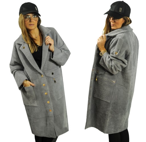 PŁASZCZ Z ALPAKI złote guziki HQ plus size SZARY
