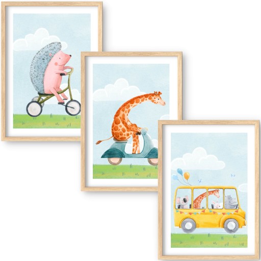 ZESTAW 3 PLAKATY OBRAZKI 30x40 ZWIERZĘTA AUTO BALON ŻYRAFA WZORY ZOO SAFARI