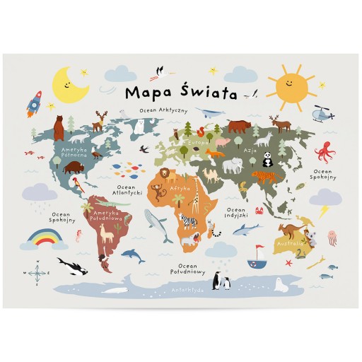 Plakat dla dzieci DUŻA MAPA ŚWIATA ZWIERZĄT KONTYNENTY 50x70