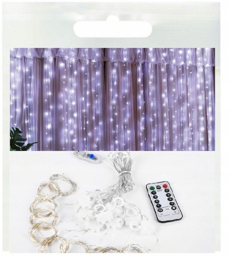 Kurtyna świetlna 200 LED 3x2m Girlanda Lampki drucik Białe neutralne Pilot