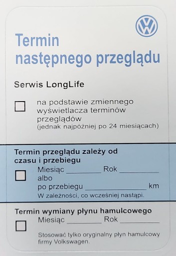 Naklejka nalepka serwis LongLife termin następnego przeglądu VW