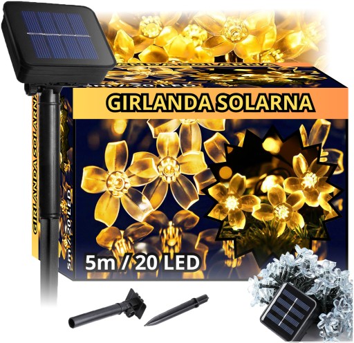 GIRLANDA OGRODOWA SOLARNA | LAMPKI SOLARNE KWIATKI BIAŁY CIEPŁY 5M ZESTAW