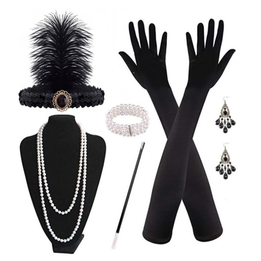 6× ZESTAW RETRO DAMSKI LATA 20 FLAPPER 6 EL. PRZEBRANIE KARNAWAŁ RĘKAWICZKI