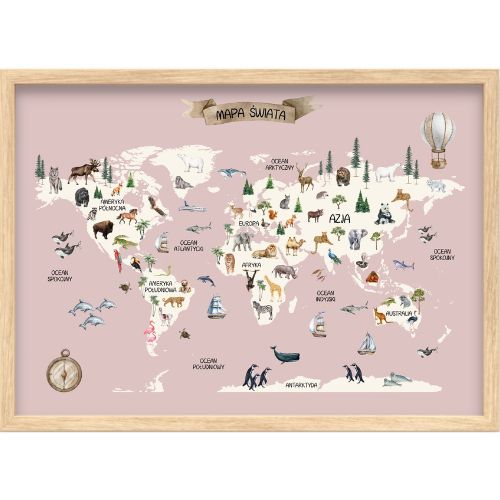 PLAKAT DZIECIĘCY EDUKACYJNY MAPA ŚWIATA ZE ZWIERZĘTAMI ZWIERZĘTA 21x30 A4