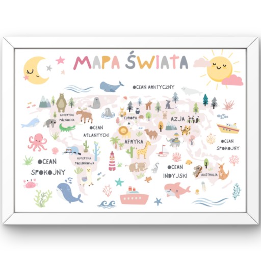 PLAKAT MAPA ŚWIATA ZWIERZĘTA DLA DZIECI + RAMKA A3