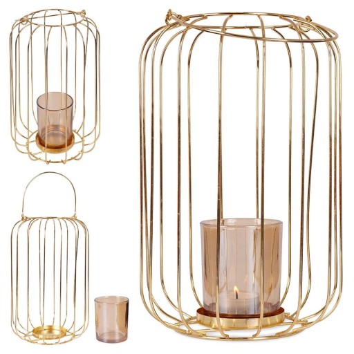 Świecznik METALOWY złoty stojak na świeczkę tealight lampion latarnia