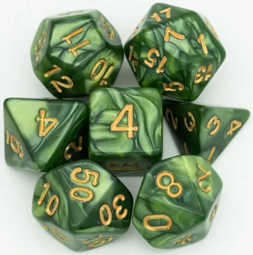 Zestaw 7 Kości Zielone Perła D4-20 K20 Złoty Nadruk Perłowe RPG D&D BG3 MTG