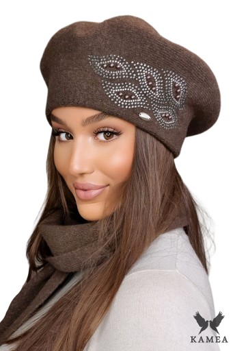 HEIDI zimowy beret damski kolor brązowy, KAMEA