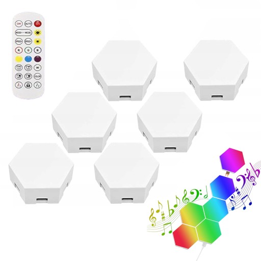 LAMPA HEXAGON O STRUKTURZE PLASTRA MIODU LED RGB 6SZTUK Z PILOTEM