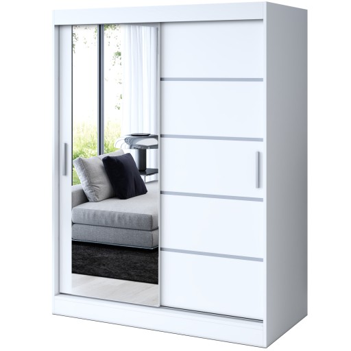 Szafa Przesuwna 150 cm Biała Listwy Lustro