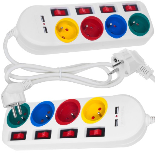LISTWA ZASILAJĄCA Z WYŁĄCZNIKAMI 4 GNIAZDA 2500W + ŁADOWARKA 2xUSB 2.1A 5V