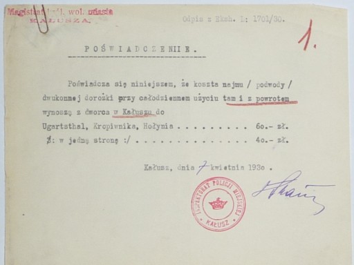 KAŁUSZ – POŚWIADCZENIE – 1930