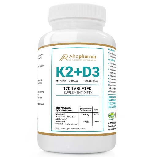 WITAMINA K2 MK-7 z natto 100mcg + D3 2000IU 120tab
