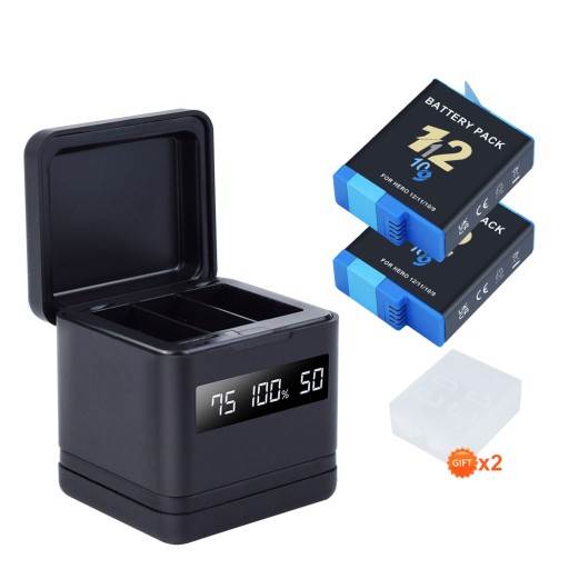 2 szt. Bateria 2000 mAh do GoPro hero 9 10 11 12 + ładowarka z 3 gniazdami LCD