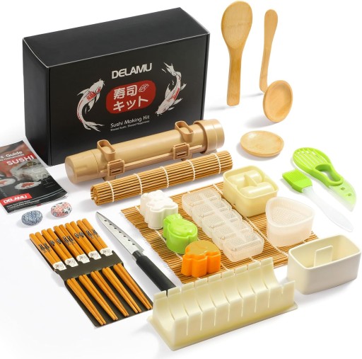 ZESTAW DO ROBIENIA SUSHI MASZYNKA DO SUSHI ROLKA MATA PRASKA PAŁECZKI 27SZT