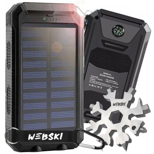 MOCNY POWER BANK 20000mAh SOLARNY 2xUSB Z KOMPASEM podwójną LATARKĄ + KLUCZ