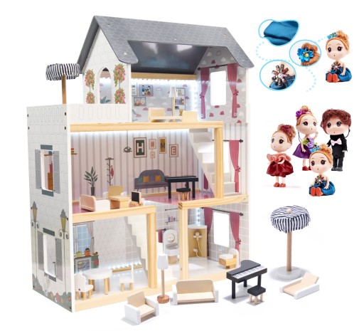 Domek dla lalek drewniany + 4 LALKI mebelki 78cm oświetlenie LED