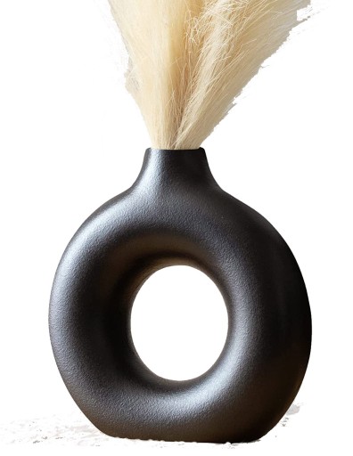 WAZON CERAMICZNY OKRĄGŁY Z DZIURĄ NOWOCZESNY DONUT CZARNY BOHO 23