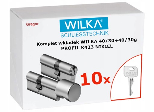 .10 kluczy. Komplet wkładek Wilka 40/30 + 40/30g K423 ATEST klasa C nikiel