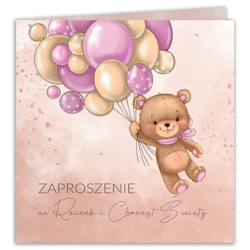 ZAPROSZENIA na Chrzest i Roczek Miś róż 10szt