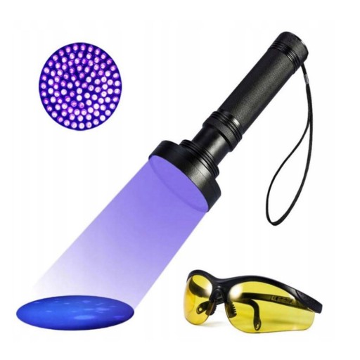 LATARKA UV LED ULTRAFIOLETOWA LAMPA BURSZTYNÓW Z OKULARY OCHRONNYMI