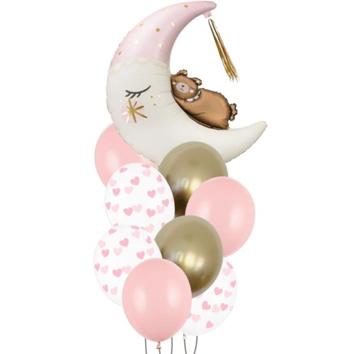 Zestaw balonów na roczek baby shower Miś na księżycu różowy 1 urodziny