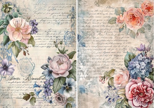 Papier ryżowy A4 Artando Kwiaty kwiatki Vintage napisy