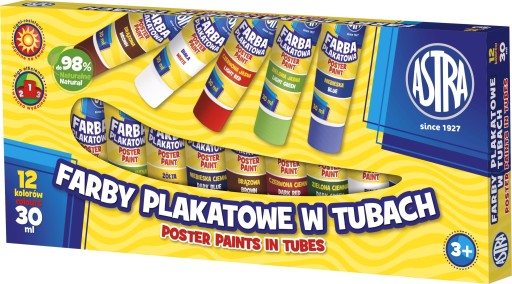 Farby plakatowe 12 kolorów - tuba 30 ml, ASTRA