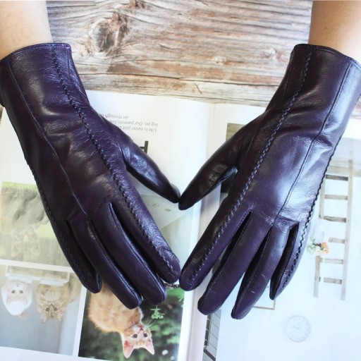 New Women Color Leather Gloves Striped Style Velvet Lining Autumn And