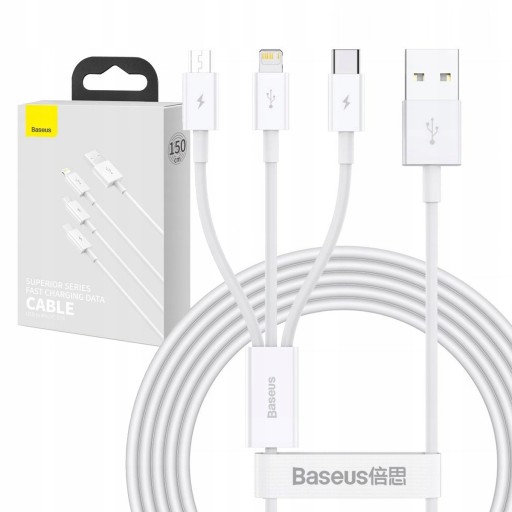 BASEUS MOCNY KABEL DO TELEFONU LIGHTNING USB TYPU C MICRO USB 3.5A QC 1,5M