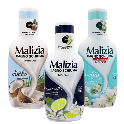 MALIZIA 3x włoski płyn do kąpieli 1l KOKOS, BERGAMOTKA, MUSCHIO