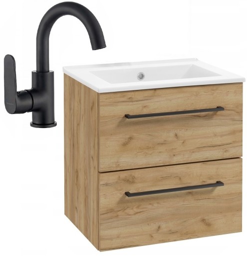 Szafka z umywalką 60 cm wisząca DĄB bateria CZARNA