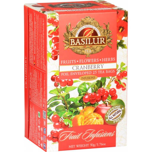 Basilur CRANBERRY herbata owocowa ŻURAWINA napar BEZ KOFEINY 25x2g