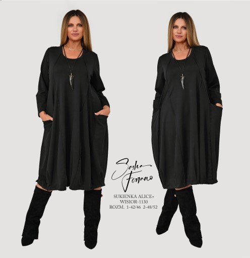Sasha Ferrano luźna sukienka ALICE z wisiorem 48/50 czarna punto Plus size