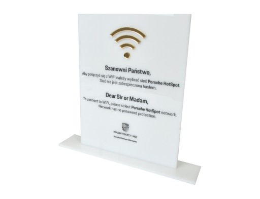 Tabliczka 18x23 cm z mlecznej plexi z nadrukiem UV i złotymi elementami