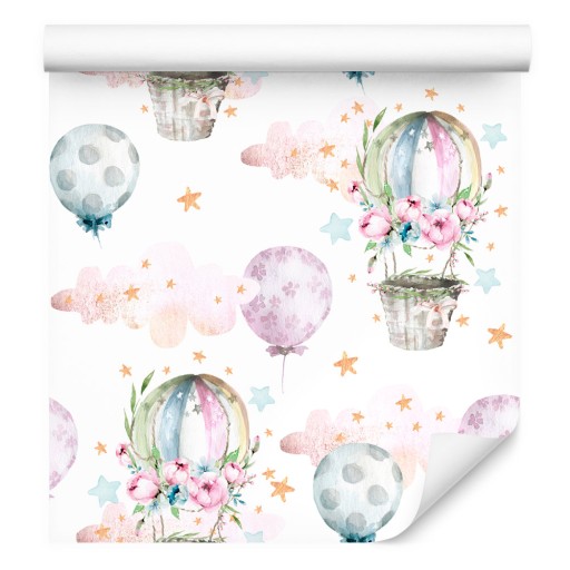 Tapeta dla dzieci balony kwiaty chmury gwiazdy