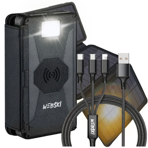 TURYSTYCZNY POWER BANK 16000mAh INDUKCYJNY PANELAMI SŁONECZNYMI + KABEL 3W1